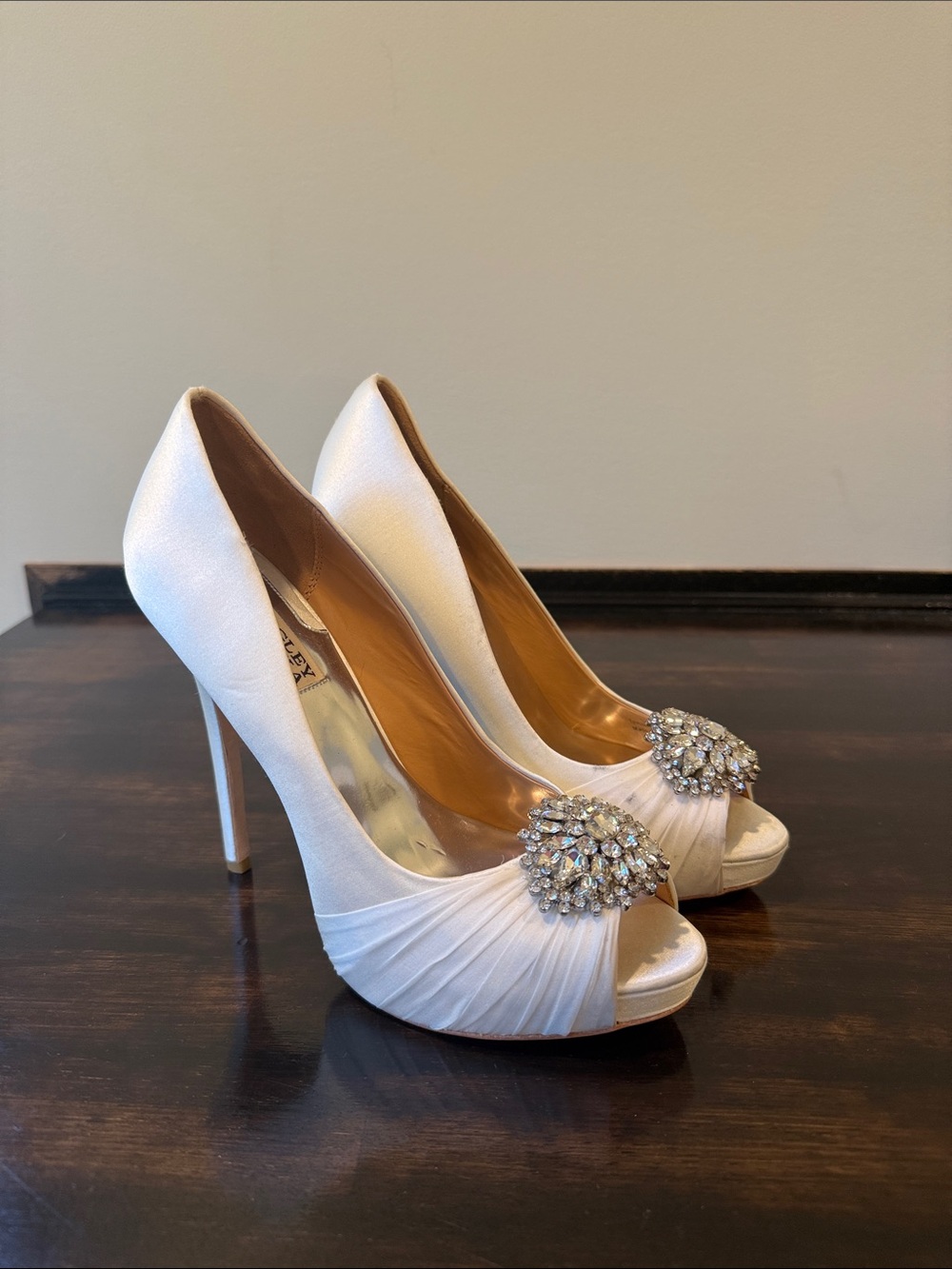 Badgley Mischka Ivory Satin Open-Toe Stiletto Heels with Crystal Accent